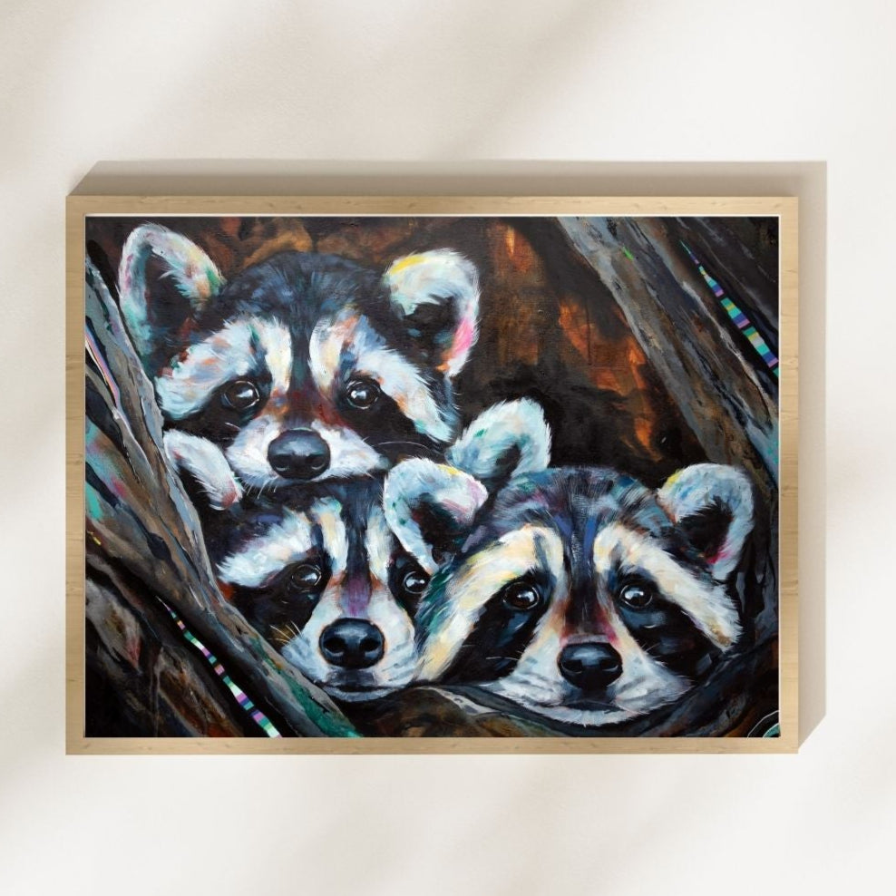 Raccoon Painting - Art Print of Original Painting by Lisa Whitehouse titled "The Best Things Come in 3's"