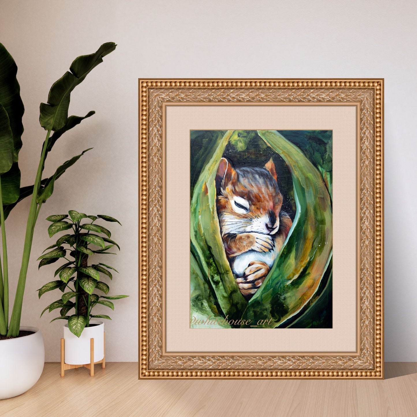 Chipmunk Painting - Art Print of Original Painting by Lisa Whitehouse titled "Tucked In"