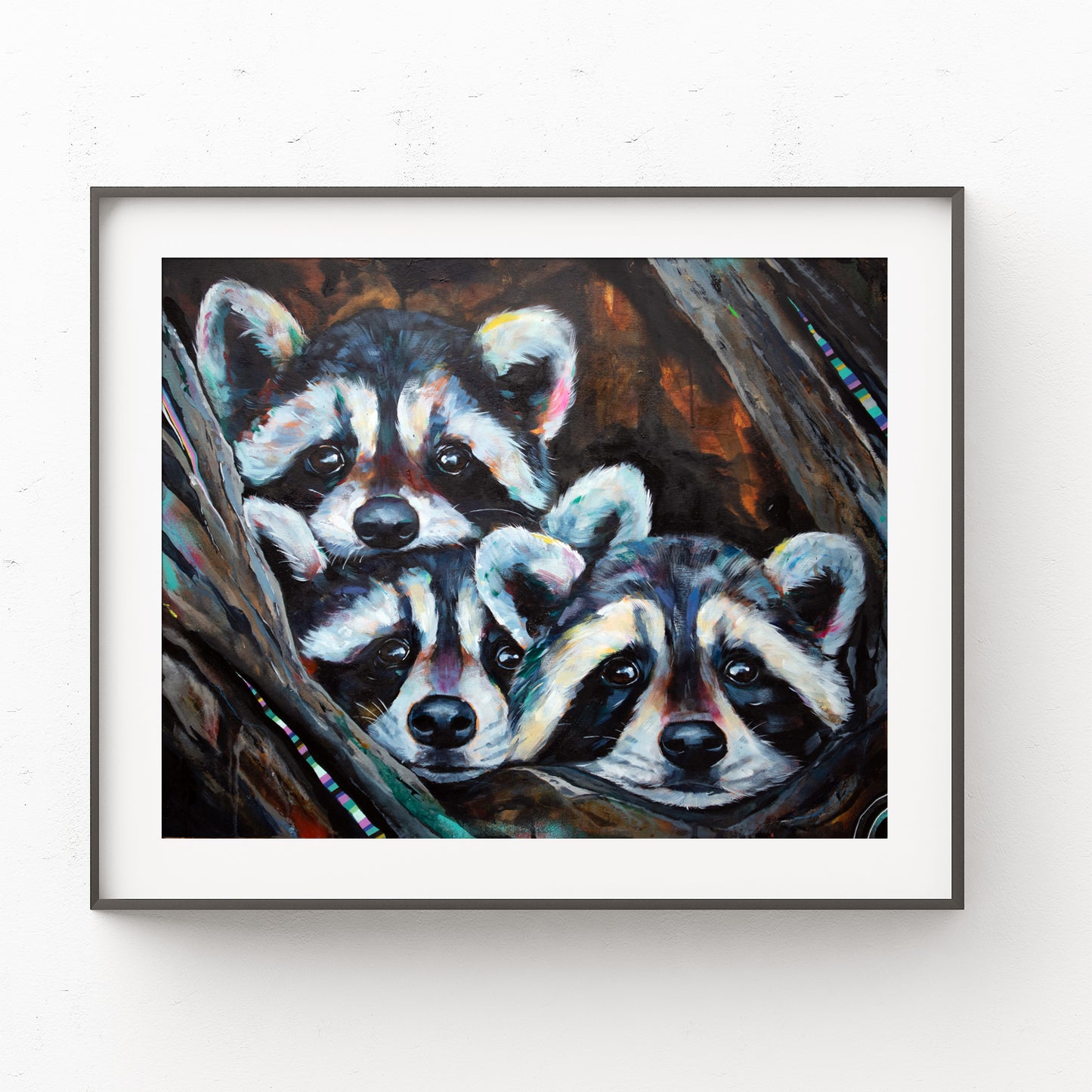 Raccoon Painting - Art Print of Original Painting by Lisa Whitehouse titled "The Best Things Come in 3's"