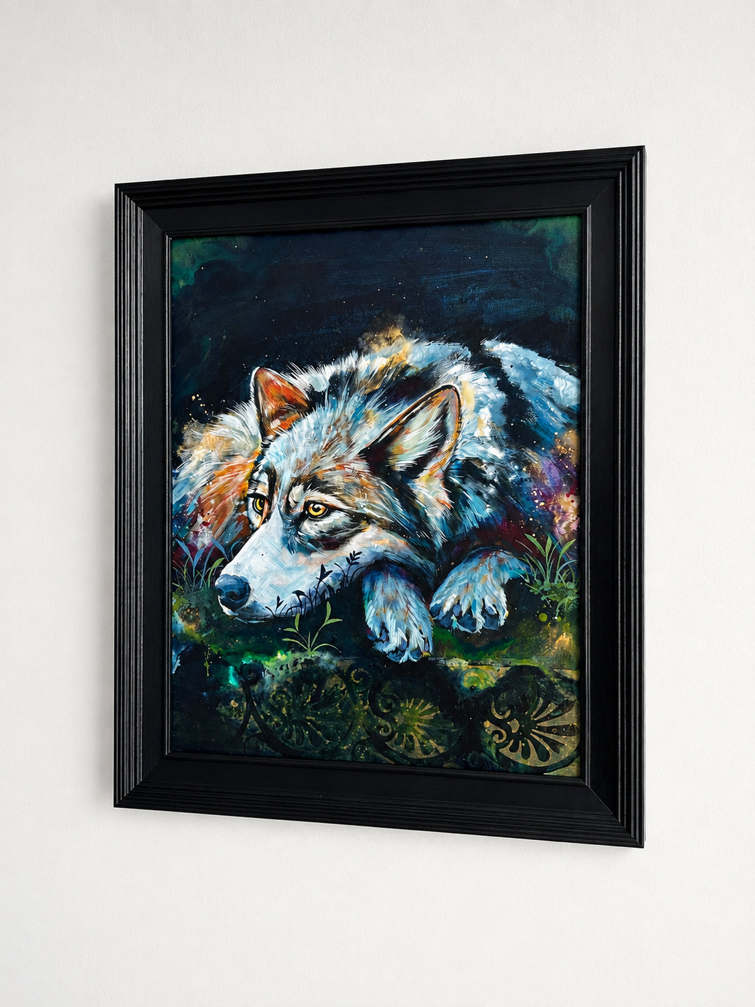 11"x14" Original Painting of a wolf on canvas board, framed "Disappearing Light"