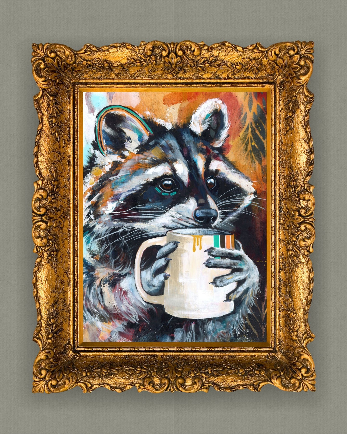 Racoon Art Print - Acrylic painting of a Racoon titled "Liquid Gold"
