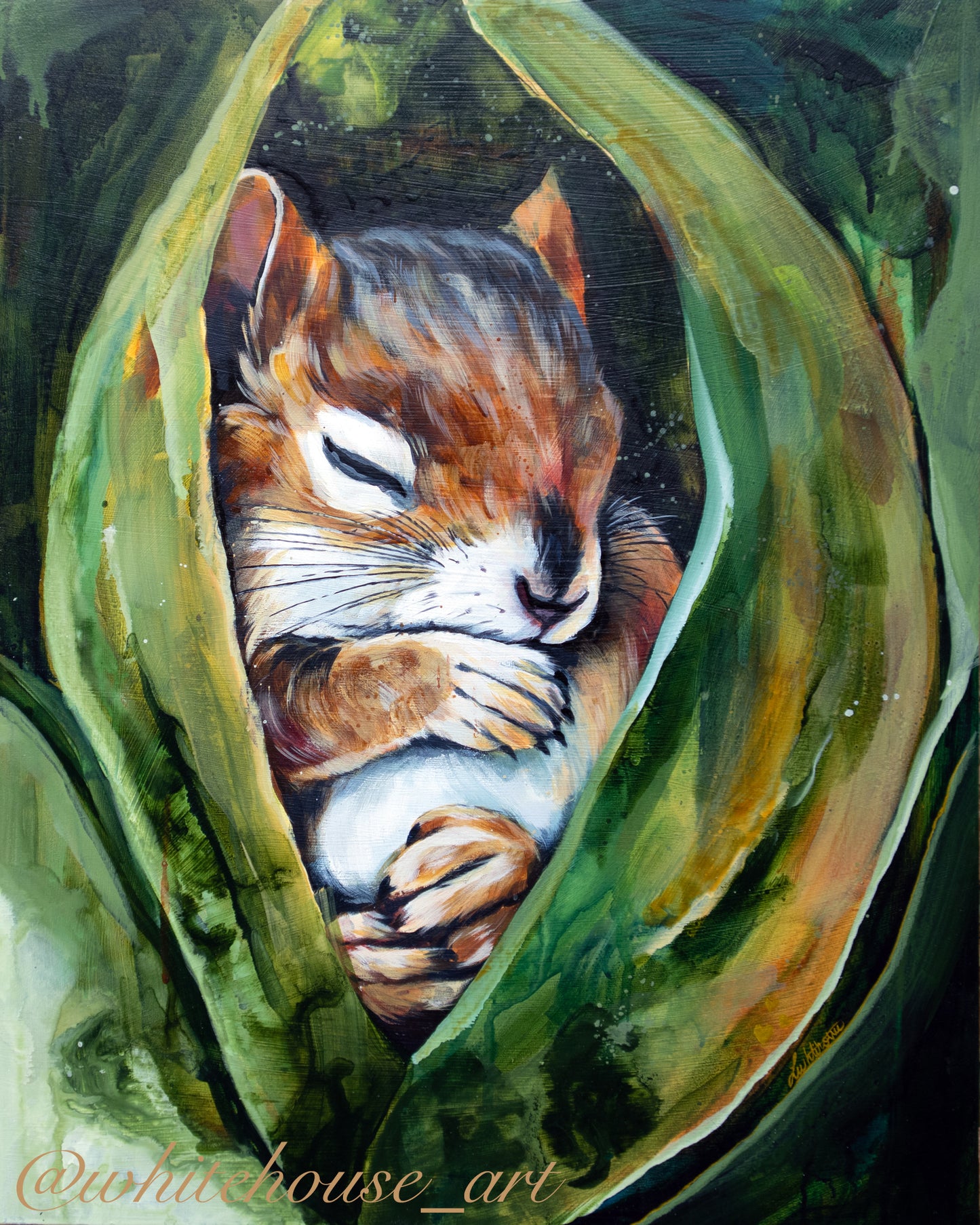 16" x 20" Original Painting of a Chipmunk "Tucked In"