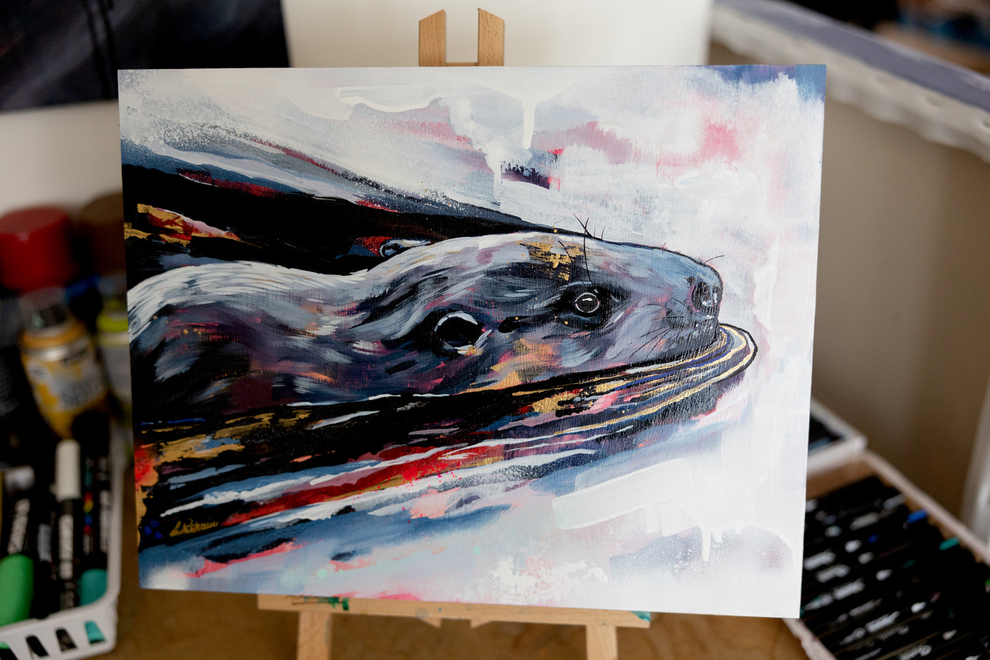 11" x 14" Original Painting of a beaver "Just Keep Swimming"