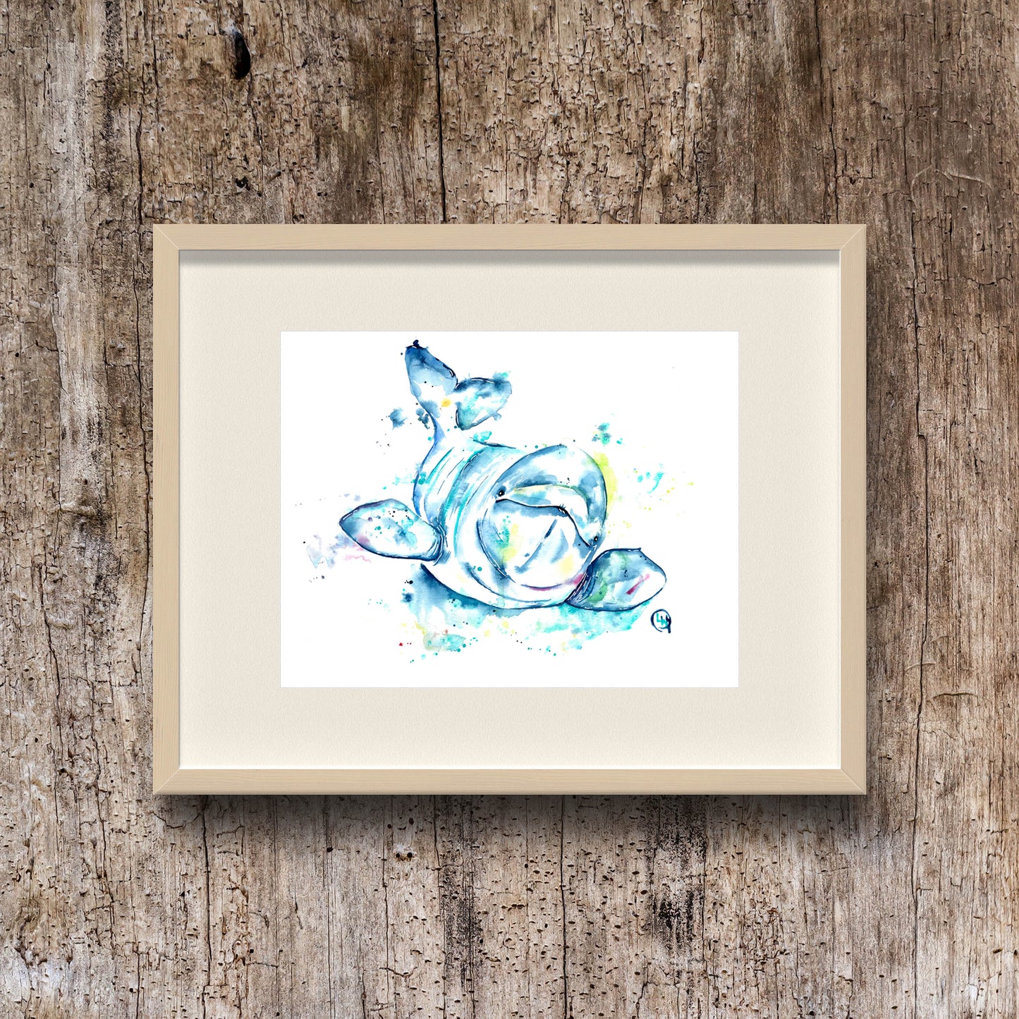 Baby Beluga Art Print in a wood frame