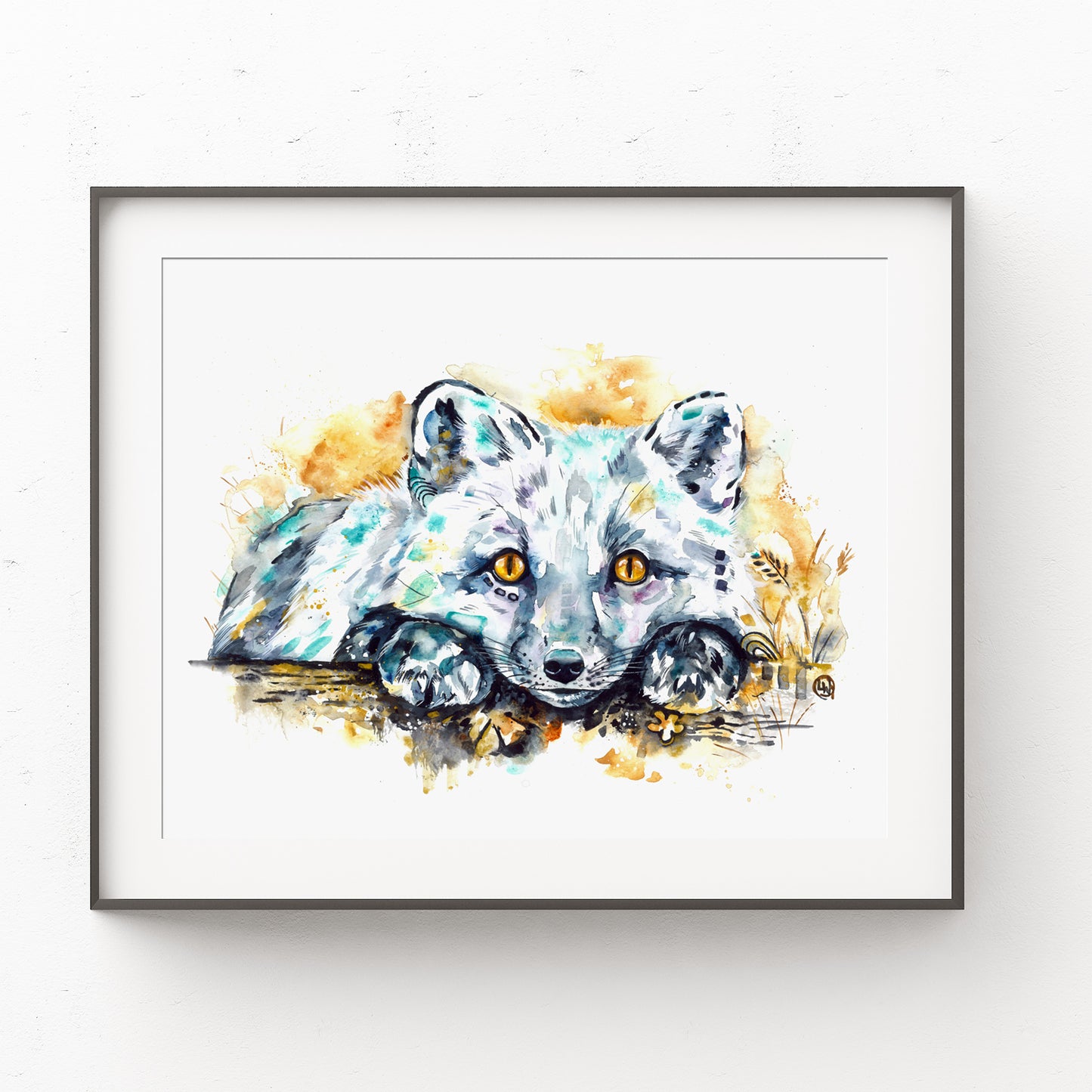 Arctic Fox Watercolor Painting - Lying In Wait