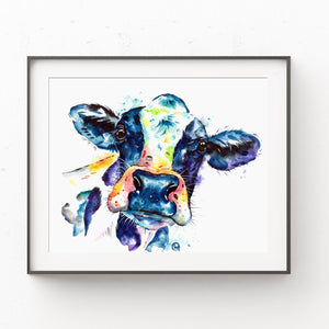 Cow Colorful Watercolor Painting Art Print - Grass Puppy