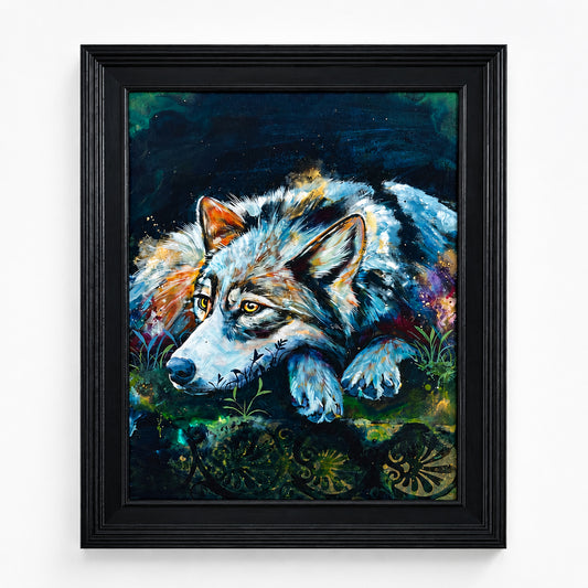 11"x14"  Original Painting of a wolf on canvas board, framed "Disappearing  Light"