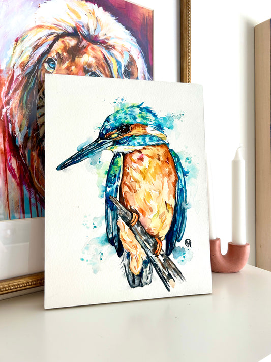 9"x12" Original Kingfisher Watercolor Painting on wood