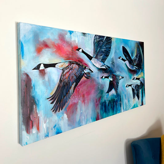 24" x 48" Original Painting of Geese in flight - "Coming Home"