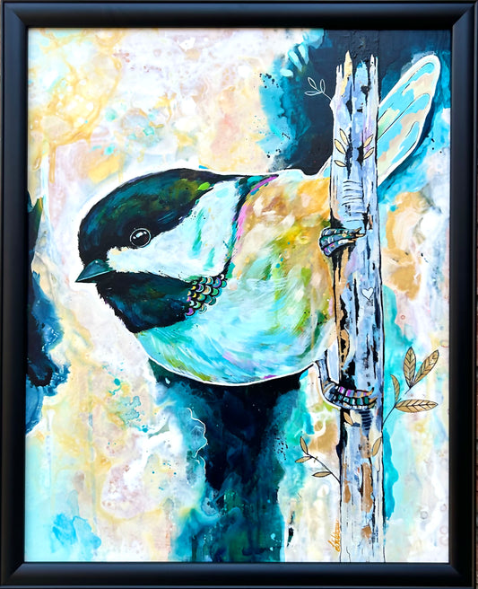 16" x 20" Original Painting of a Chickadee "Chicka Dee Dee Dee"