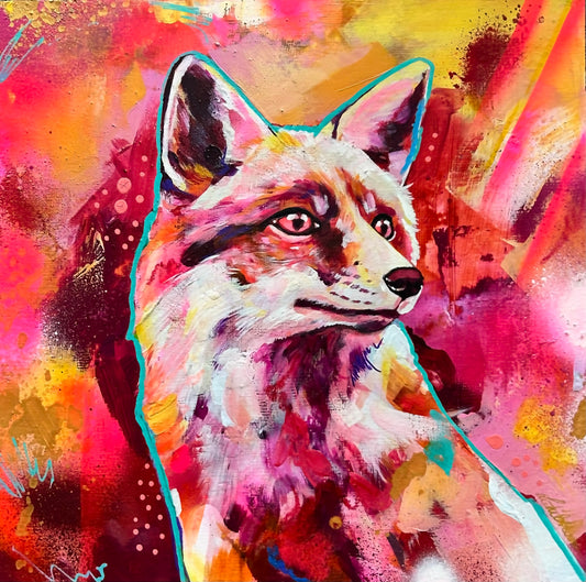 12"x12" Acrylic Painting of a fox "Pretty In Pink"