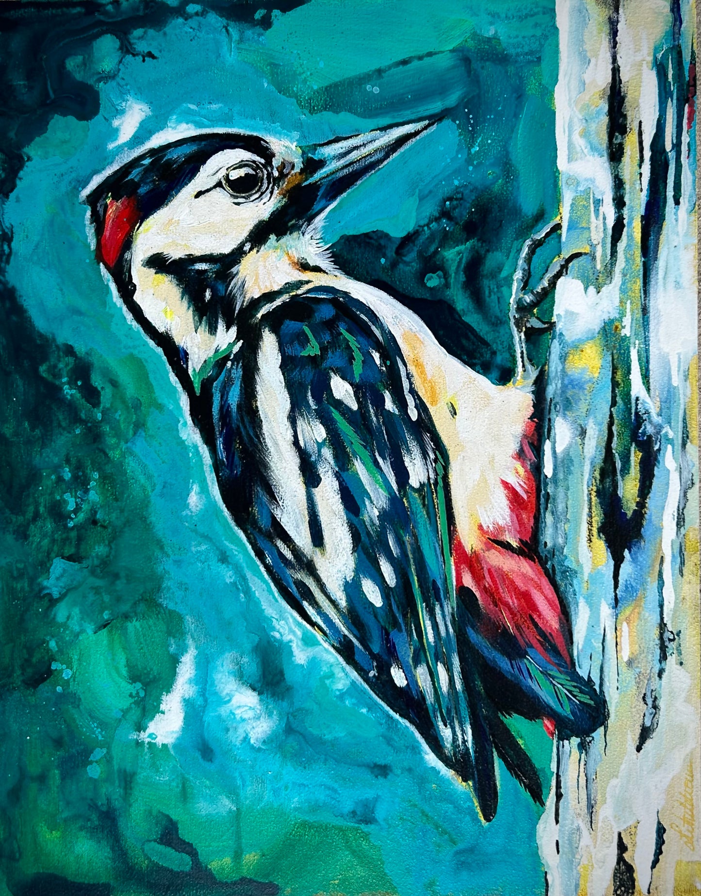 11"x14" Original Painting of a woodpecker "On The Hunt"