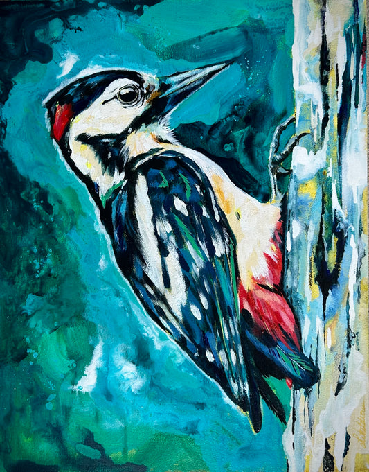 11"x14" Original Painting of a woodpecker "On The Hunt"