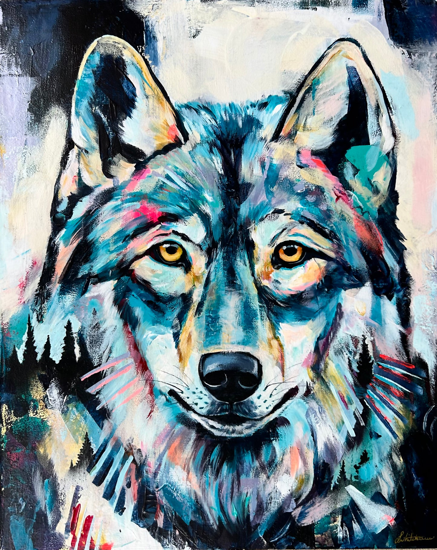 16" x 20" Original Painting of a wolf "Wild Gaze"