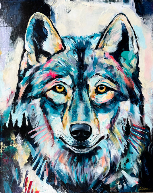 16" x 20" Original Painting of a wolf "Wild Gaze"