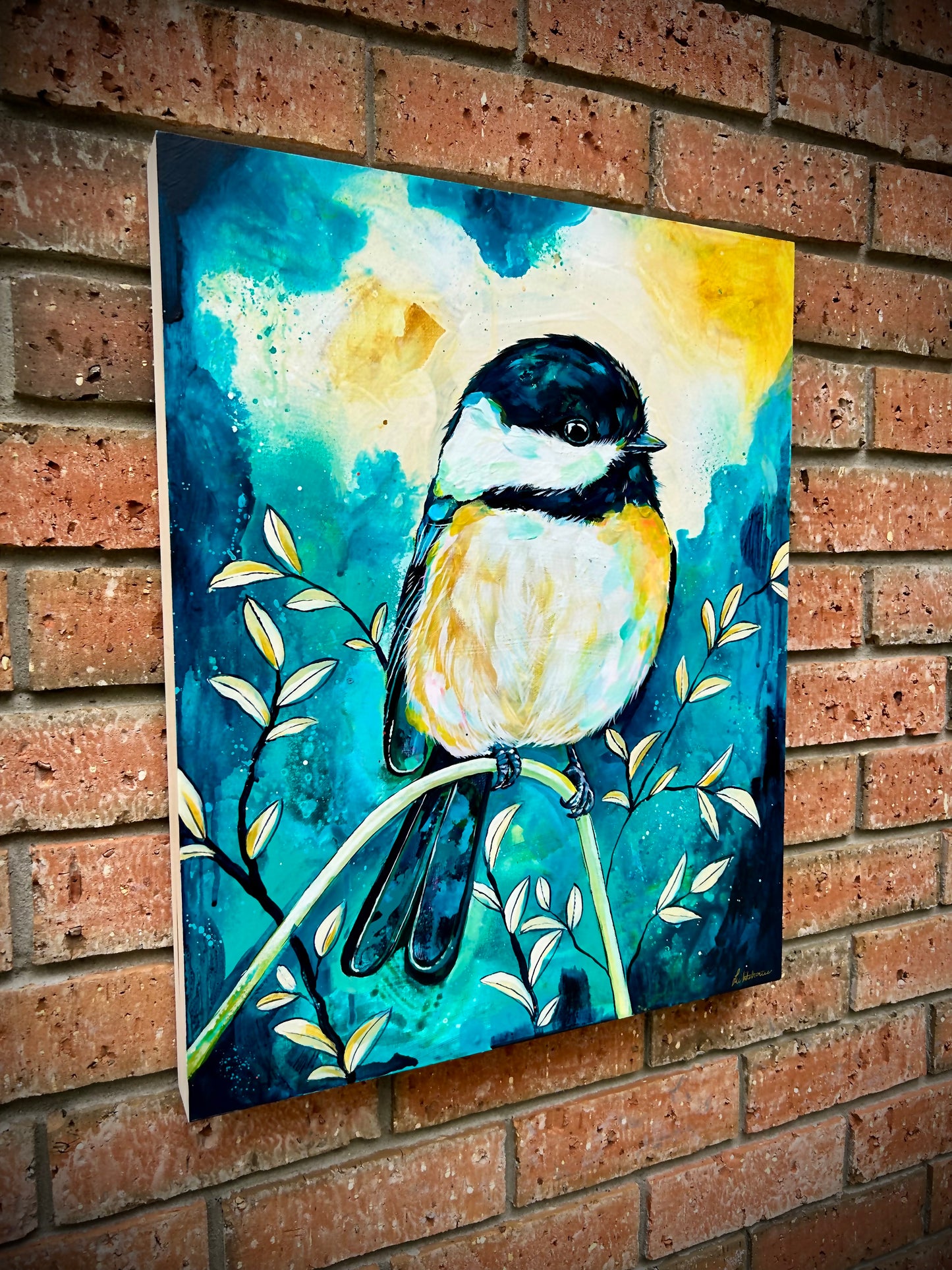 16" x 20" Original Painting of a Chickadee "Backyard Friend"