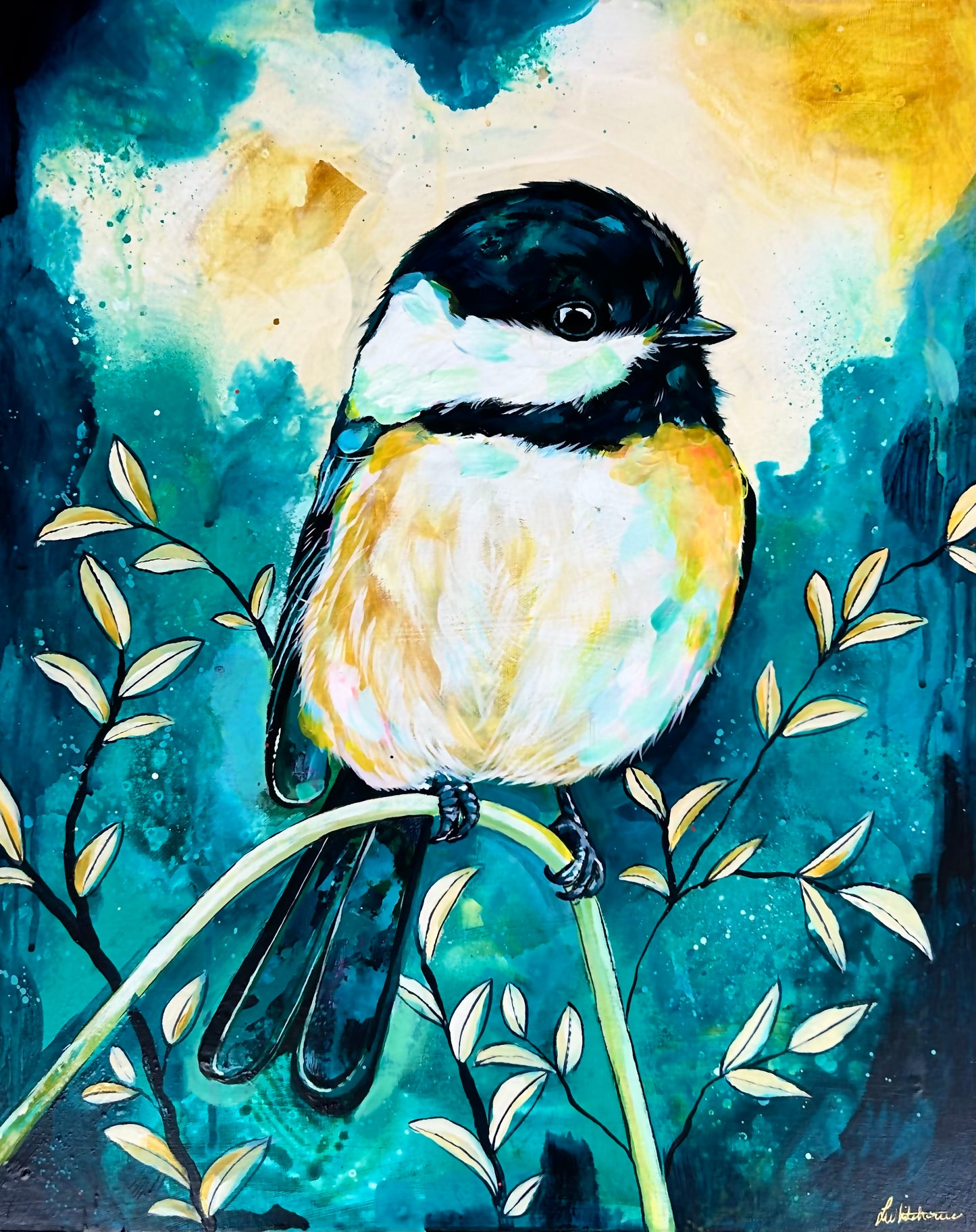 16" x 20" Original Painting of a Chickadee "Backyard Friend"