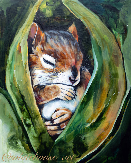 16" x 20" Original Painting of a Chipmunk "Tucked In"