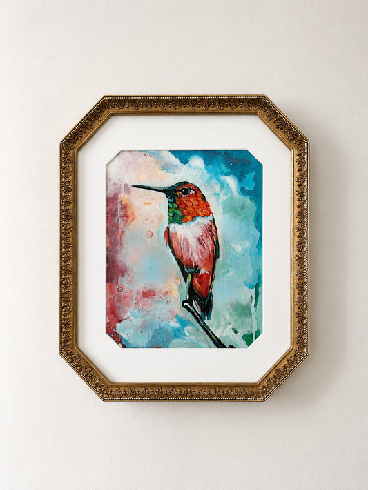 8"x10"  Original Painting of a Hummingbird on canvas paper, framed "Just A Moment"