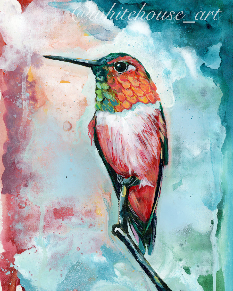 8"x10"  Original Painting of a Hummingbird on canvas paper, framed "Just A Moment"