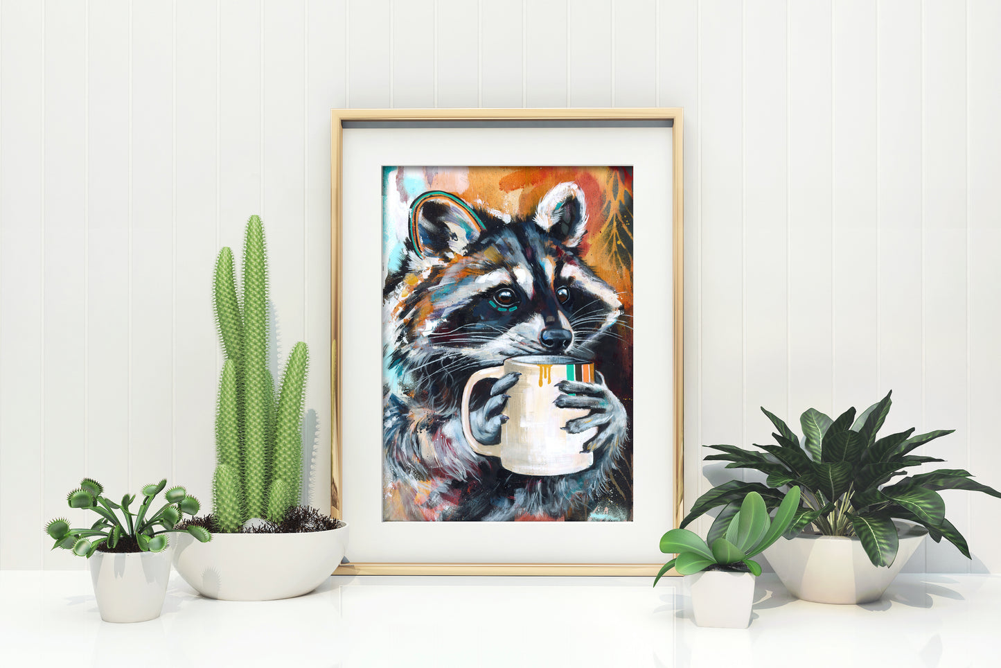 Racoon Art Print - Acrylic painting of a Racoon titled "Liquid Gold"