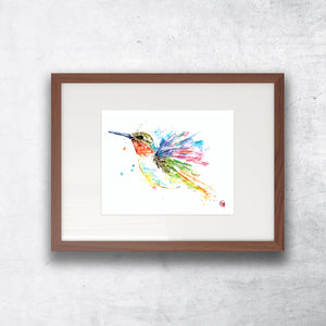 Ruby Throated Hummingbird Colorful Watercolor Painting