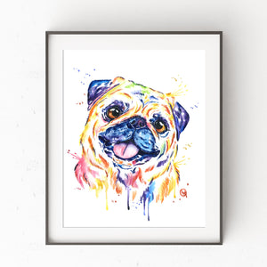Fawn Pug Colorful Pet Portrait Watercolor Painting