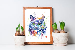 Cat Colorful Pet Portrait Watercolor Painting