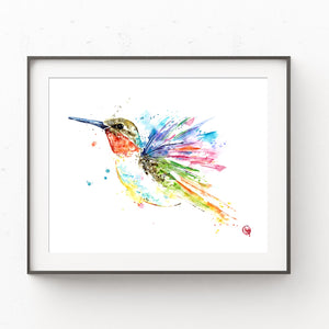 Ruby Throated Hummingbird Colorful Watercolor Painting