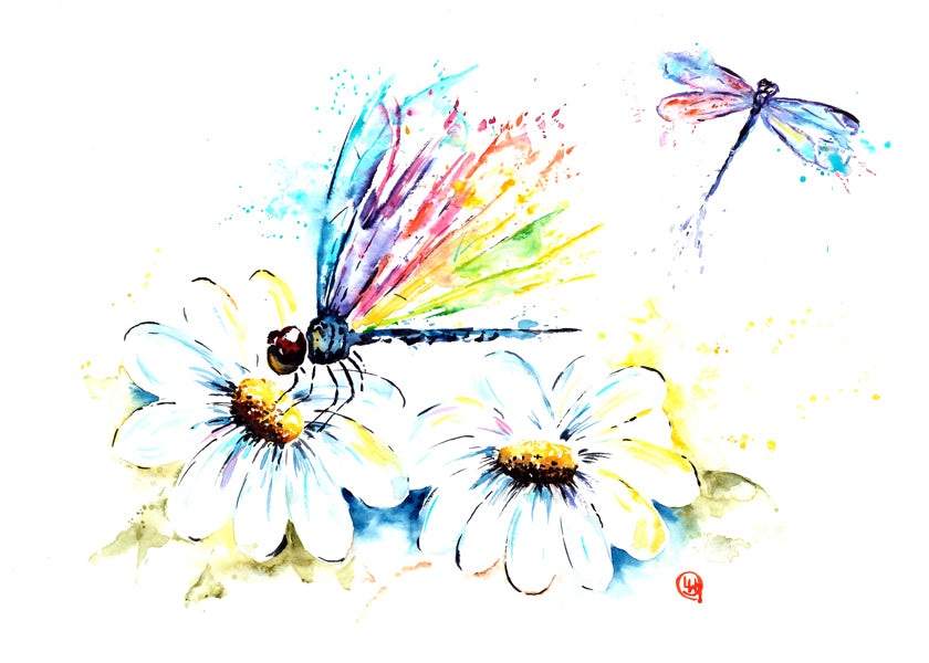 Original Dragonflies Watercolor Painting - 'Diannes Garden'
