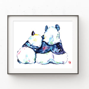Colorful painting of 2 pandas cuddling