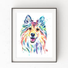 Sheltie Watercolor Dog Painting in a black frame