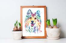 Sheltie Watercolor Dog Painting in a old wood frame