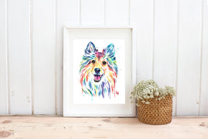 Sheltie Watercolor Dog Painting in a white frame