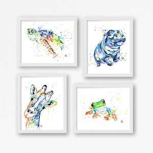 Sea Turtle, Hippo, Giraffe, Tree Frog, Colorful Watercolor Painting