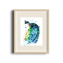 Peacock Colorful Watercolor Painting in a brown frame